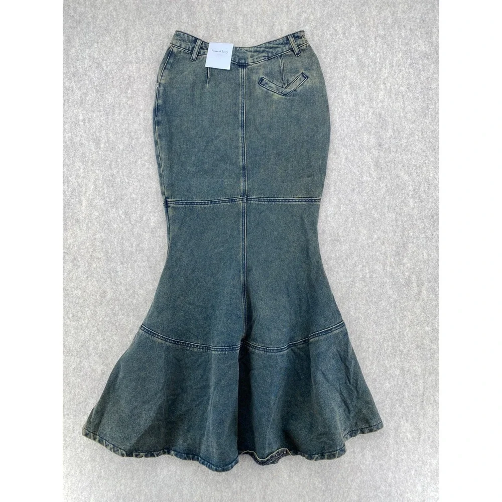 House of Sunny Courtyard Tulip Skirt Clay Grey Denim Mermaid Maxi Size 4 NEW